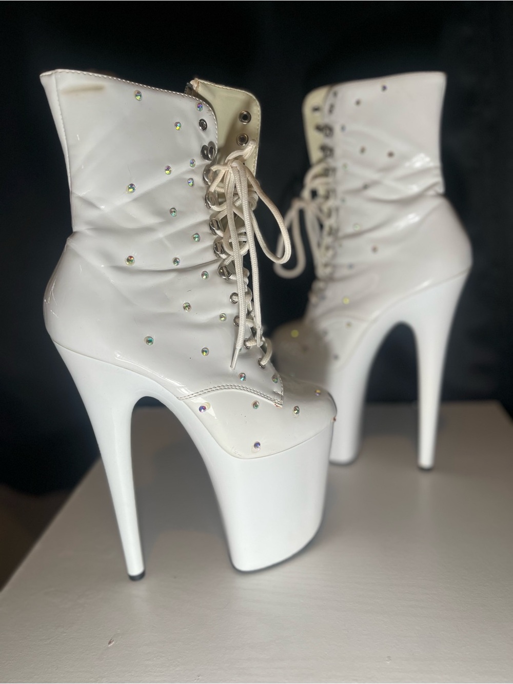 Pleaser White Lace-Up Platform Stiletto Ankle Boots with Rhinestones